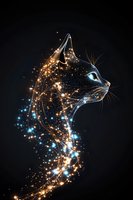 Mystical cat silhouette with glowing golden and blue sparkles against dark background, profile view showing ethereal constellation-like pattern forming feline shape.