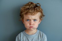 Upset young boy with curly blonde hair and blue eyes wearing gray t-shirt shows angry pouting expression against blue wall background.