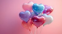 Colorful heart-shaped foil balloons floating against soft pink background. Perfect for Valentine's Day, love, celebration, wedding, and romantic event designs and decorations.