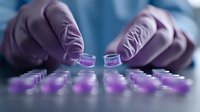 Laboratory technician in purple gloves handling small vials with purple liquid samples arranged in rows on reflective surface against blue background for medical research.