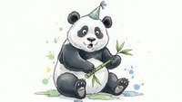 Cute panda bear wearing party hat holding bamboo branch with watercolor splashes on white background for birthday celebration designs.