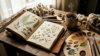 Botanical illustration books and watercolor palette arranged on wooden desk with dried plants, coffee mug, and art supplies for creative workspace and nature study.