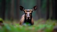Young female moose portrait in forest with blurred green background, close up view of head and ears showing curious expression and distinctive facial features.