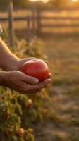 Farmer hands holding fresh ripe red tomato at sunset in garden greenhouse with warm golden light for organic farming and harvest concepts.