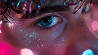 Intense blue eye with glitter makeup and pink bokeh lights creating magical atmosphere for beauty and fashion photography and creative projects.