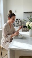 Woman in beige robe using smartphone while preparing food in modern kitchen with marble countertop, espresso machine, and fresh flowers for cooking, lifestyle, and home content.