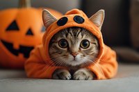 Tabby cat wearing orange pumpkin costume with jack-o-lantern face design, crouching on surface with blurred pumpkin decoration in background. Halloween pet costume.