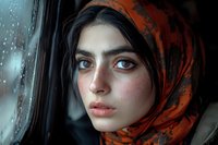 Young woman in orange hijab looking thoughtfully through rainy window, dramatic lighting highlights her striking features and contemplative expression.