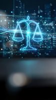 Digital justice scales hologram with glowing blue light effects and particles floating above modern city background for legal technology concepts.