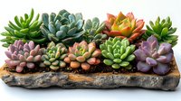 Colorful succulent plants arrangement in rustic wooden log planter, featuring echeveria varieties with pink, green, and purple rosettes growing in natural soil.