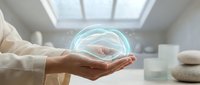 Hands holding glowing holographic brain symbol in modern medical office representing neurology, mental health, artificial intelligence and healthcare innovation.