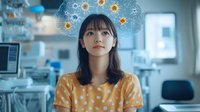 Young Asian woman in polka dot yellow dress with virus particles floating above head in medical laboratory environment, conceptual healthcare visualization.