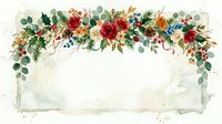 Watercolor floral garland with red roses, orange blooms, and eucalyptus leaves arranged across top of aged paper background, suitable for wedding invitations and greeting cards.