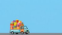 Colorful delivery truck loaded with stacked gift boxes on light blue background, isolated design element for holiday shopping, logistics, and e-commerce concepts.