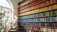 Cozy home library with rainbow-organized bookshelf wall featuring thousands of colorful books arranged by color spectrum in modern reading room interior.
