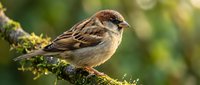 Small brown and tan sparrow perched on moss-covered branch with soft green blurred background, suitable for wildlife, nature, ornithology, and educational content.