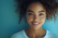 Young African American woman with natural curly hair and bright genuine smile against turquoise background, radiating joy and confidence in casual white top.