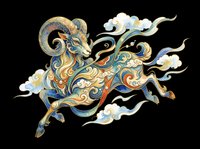 Ornate mythical ram with flowing mane and decorative swirls, isolated on transparent background. Ready for t-shirt design, clipart, stickers, sublimation and print-on-demand projects.