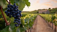 Ripe purple grape cluster hanging on vine in foreground with rows of grapevines stretching into distance at sunset, green leaves frame fresh fruit in vineyard.