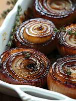 Roasted whole onions with caramelized spiral tops in white baking dish, garnished with fresh thyme sprigs. Golden brown glaze creates concentric circles.