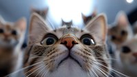 Adorable tabby cat looking up with wide eyes surrounded by other curious cats in soft lighting for pet care and animal lover content.