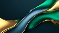 Luxurious abstract background with flowing curves in emerald green, navy blue and golden metallic colors creating elegant wave-like shapes on dark surface.