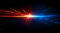Dramatic light burst with red and blue beams radiating from bright center point against dark background, creating dynamic energy effect for backgrounds.