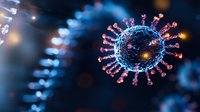 Microscopic view of virus cell with spike proteins glowing in blue and pink colors against dark background with bokeh light effects. Scientific medical visualization.