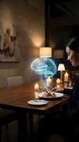 Young Asian woman dining with holographic brain projection floating above her meal in cozy restaurant setting with warm candlelight atmosphere.