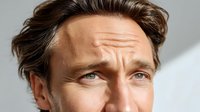 Close-up portrait of middle-aged Caucasian man with brown hair and intense gaze, showing facial expressions of concern or contemplation against neutral background.