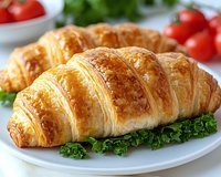 Fresh baked golden croissant on white plate with green lettuce leaf and cherry tomatoes in background, close up view of flaky French pastry breakfast.