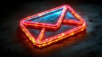 Glowing neon red envelope sign on dark background with blue light reflection creates modern communication concept for business and marketing designs.