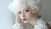 Young Caucasian woman with platinum blonde curly hair wearing white lace vintage dress in soft natural lighting for fashion and beauty concepts.