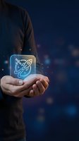 Businessman hands holding glowing rocket launch icon representing startup growth, innovation and business acceleration against blue bokeh background.