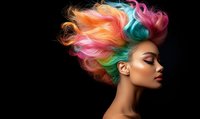 Young woman with vibrant multicolored hair flowing in wind against dark background, closed eyes and glowing skin showcasing creative hair coloring and styling art.