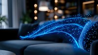 Glowing blue digital wave flowing over dark sofa in modern living room interior with bokeh lights, representing smart home technology and digital transformation.