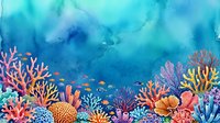 Vibrant watercolor underwater scene with colorful coral reef and tropical fish on blue ocean background with copy space.