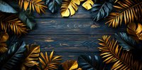 Tropical palm and monstera leaves frame dark wooden background creating dramatic border composition with gold and teal foliage. Perfect for luxury designs.