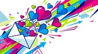 Love letter envelope with colorful hearts flying out in dynamic motion. Bright romantic communication concept for Valentine's Day cards and messaging designs.