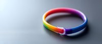 Rainbow colored silicone bracelet on gray background with soft lighting and selective focus creates modern minimalist composition for pride concept.