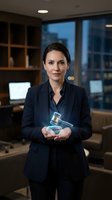 Female lawyer or legal professional of Caucasian ethnicity holding a glowing gavel in modern office setting at night, representing justice, law, and legal services for corporate and business use.
