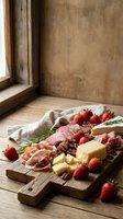 Rustic charcuterie board with cured meats, cheese, fresh strawberries and herbs on wooden cutting board in natural kitchen setting for entertaining.
