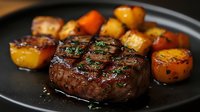 Grilled beef tenderloin steak with roasted root vegetables and fresh herbs on dark plate, juicy meat with golden-brown sear marks and caramelized potatoes.