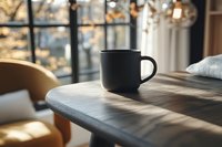 Black ceramic mug on wooden table by window with morning sunlight casting shadows, cozy autumn atmosphere with warm natural lighting and blurred background.
