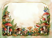Watercolor autumn forest frame with mushrooms, ferns and berries on textured background for seasonal designs and nature-themed projects.