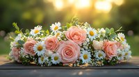 Delicate floral crown with pink roses and white daisies on rustic wooden surface at sunset, soft bokeh background creates romantic atmosphere for wedding photography.