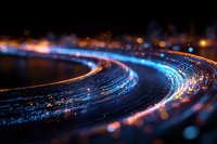 Glowing curved fiber optic lines with blue and orange light trails against dark background create futuristic technology concept for digital communications.