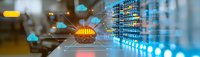 Glowing brain with digital network connections and cloud computing symbols on blurred technology background illustrates artificial intelligence concept.