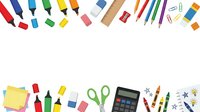 Colorful office and art supplies arranged on white background including markers, pens, scissors, calculator, sticky notes, and paintbrushes for creative workspace design projects.