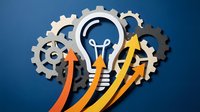Lightbulb with gears and upward arrows symbolizing innovation, business growth, and strategic planning for corporate success and development.